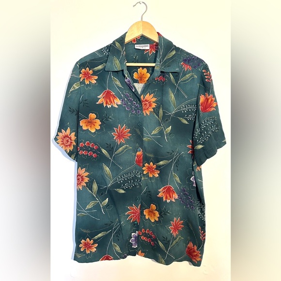Alfred Dunner Vintage Shirt Sz 14 Floral Green and Orange Casual Button Down - Picture 1 of 6